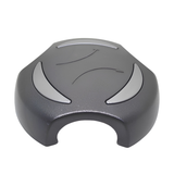 A low angle side perspective view of a black 2 inch Artesian Spas diverter valve replacement handle showing its thick dome height, silver accents, and ergonomic grip contour