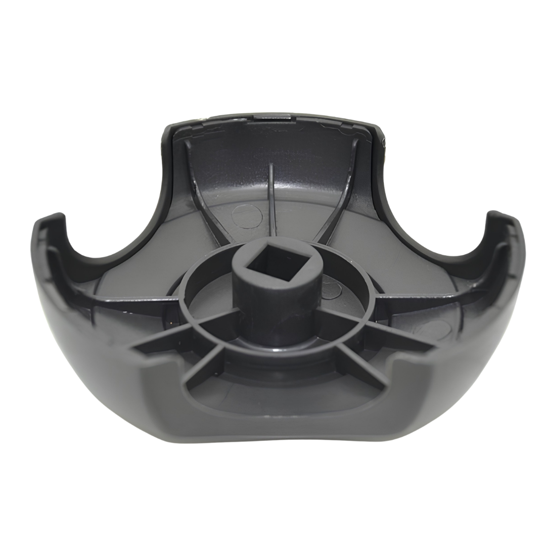 An inverted underside view of a black 2 inch Artesian Spas diverter valve replacement handle knob showcasing the molded internal support ribs and central square stem socket connection