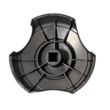 A top down overhead view of the underside of a black 2 inch Artesian Spas diverter valve replacement handle showing the square center stem mount and symmetrical plastic support ribs