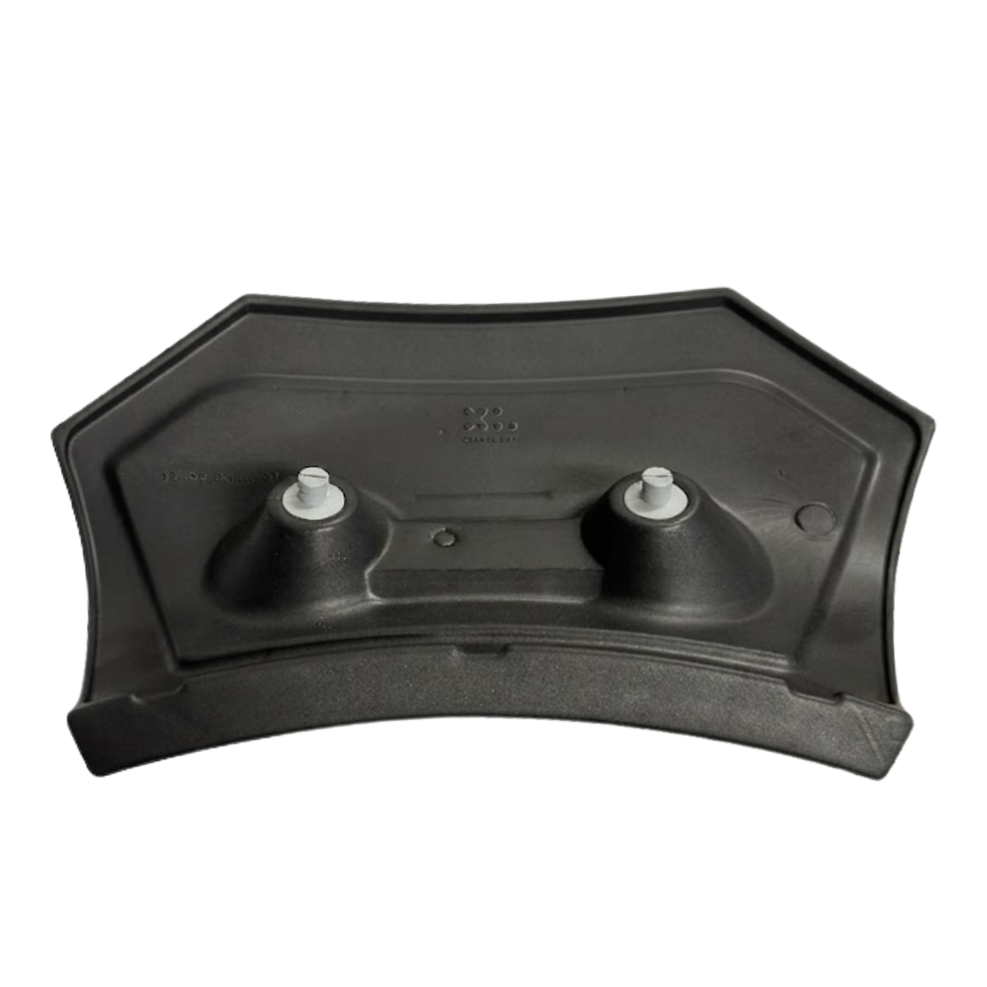 Rear view of a charcoal black replacement Elite corner headrest pillow for an Artesian Spas hot tub, displaying its molded plastic backing structure and two grey snap-in mounting pins on a white background.