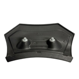 Rear view of a charcoal black replacement Elite corner headrest pillow for an Artesian Spas hot tub, displaying its molded plastic backing structure and two grey snap-in mounting pins on a white background.