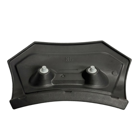 Rear view of a charcoal black replacement Elite corner headrest pillow for an Artesian Spas hot tub, displaying its molded plastic backing structure and two grey snap-in mounting pins on a white background.