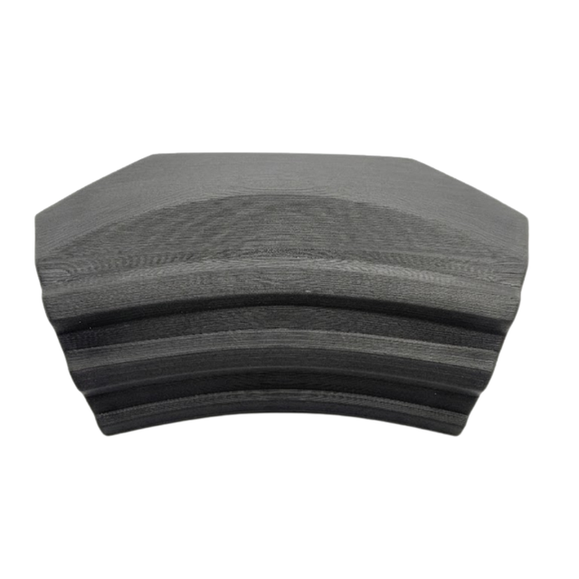 Front product view of a charcoal black curved replacement Elite corner headrest pillow for an Artesian Spas hot tub, featuring a stacked, tiered ridge design with a textured finish against a white background.