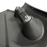 Close-up angled view of the reverse side of a charcoal black replacement Elite corner headrest pillow for an Artesian Spas hot tub, highlighting the two grey split-peg snap-in mounting fasteners and molded rear structure.