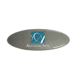 Front view of an oval metallic silver replacement resin dome label for an Artesian Spas headrest pillow, featuring the teal square "A" cursive logo and "ARTESIAN SPAS" branding text.