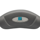 Front product view of a grey curved foam replacement headrest pillow for an Artesian Spas hot tub, complete with the oval metallic silver logo dome label installed in the center indentation.