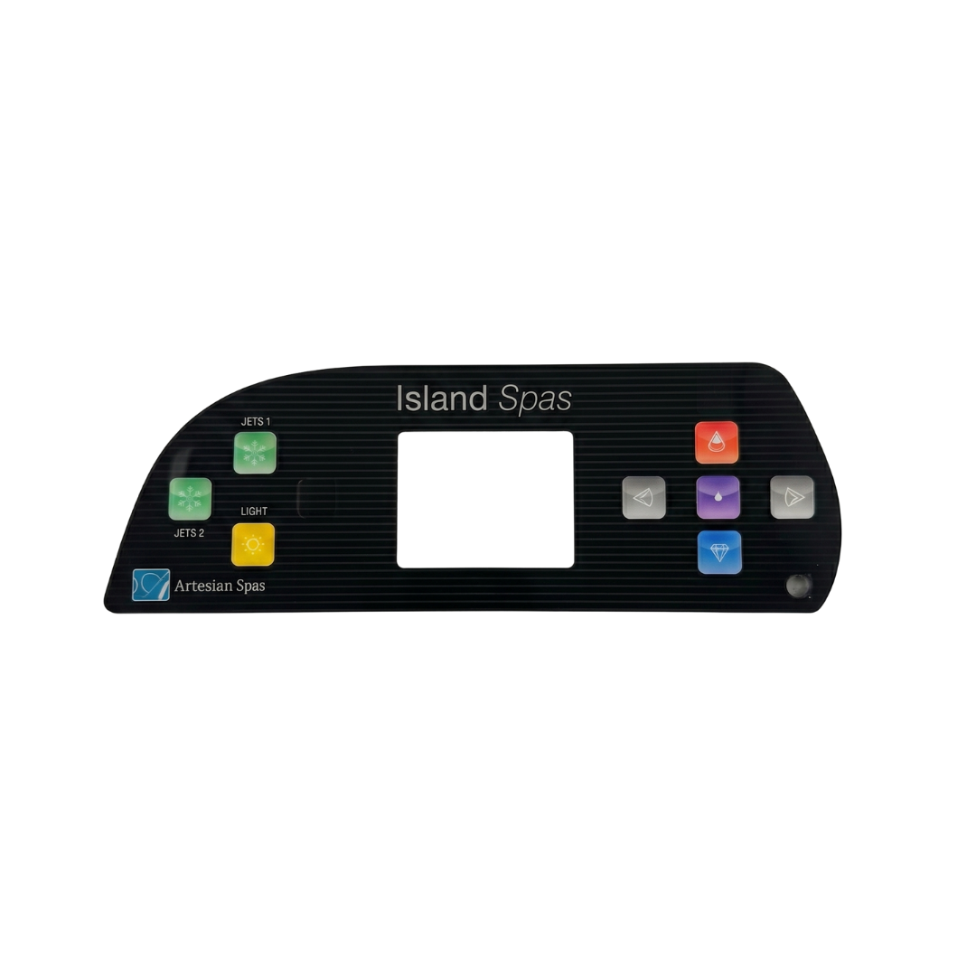 Front view of a genuine Artesian Spas Island Spas replacement touchpad decal overlay for a 2-pump Balboa TP800 controller panel, featuring a black striped background, square screen cutout, and buttons for Jets 1, Jets 2, and Light.
