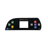 Front view of a genuine Artesian Spas Island Spas replacement touchpad decal overlay for a 2-pump Balboa TP800 controller panel, featuring a black striped background, square screen cutout, and buttons for Jets 1, Jets 2, and Light.
