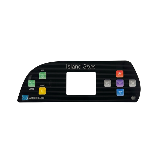 Front view of a genuine Artesian Spas Island Spas replacement touchpad decal overlay for a 2-pump Balboa TP800 controller panel, featuring a black striped background, square screen cutout, and buttons for Jets 1, Jets 2, and Light.