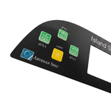 Close-up of the left side operation controls on an Artesian Spas Island Spas TP800 3-pump touchpad overlay decal, showcasing three green square buttons for Jets 1, Jets 2, and Jets 3 alongside the yellow Light button and brand logo.
