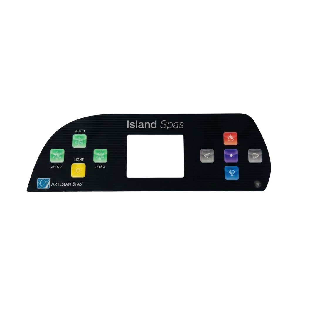 Front view of a genuine Artesian Spas Island Spas replacement touchpad decal overlay for a 3-pump Balboa TP800 controller panel, featuring a black striped background, square screen cutout, and buttons for Jets 1, Jets 2, Jets 3, and Light.