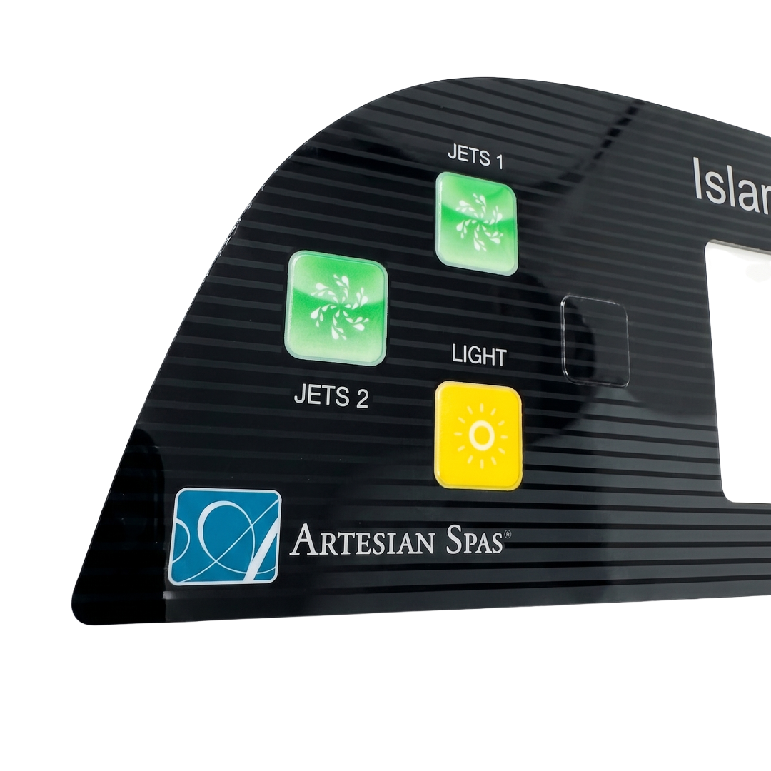 Close-up of the left side of an Artesian Spas Island Spas TP800 2-pump touchpad overlay decal, showcasing the green square Jets 1 and Jets 2 pump buttons, the yellow Light button, and the blue brand logo.