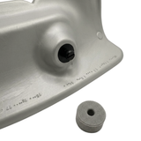 Close-up of the rear mounting hardware for an Artesian Spas Island series wrap headrest pillow, showing the black plastic attachment screw and a detached foam mounting plug.