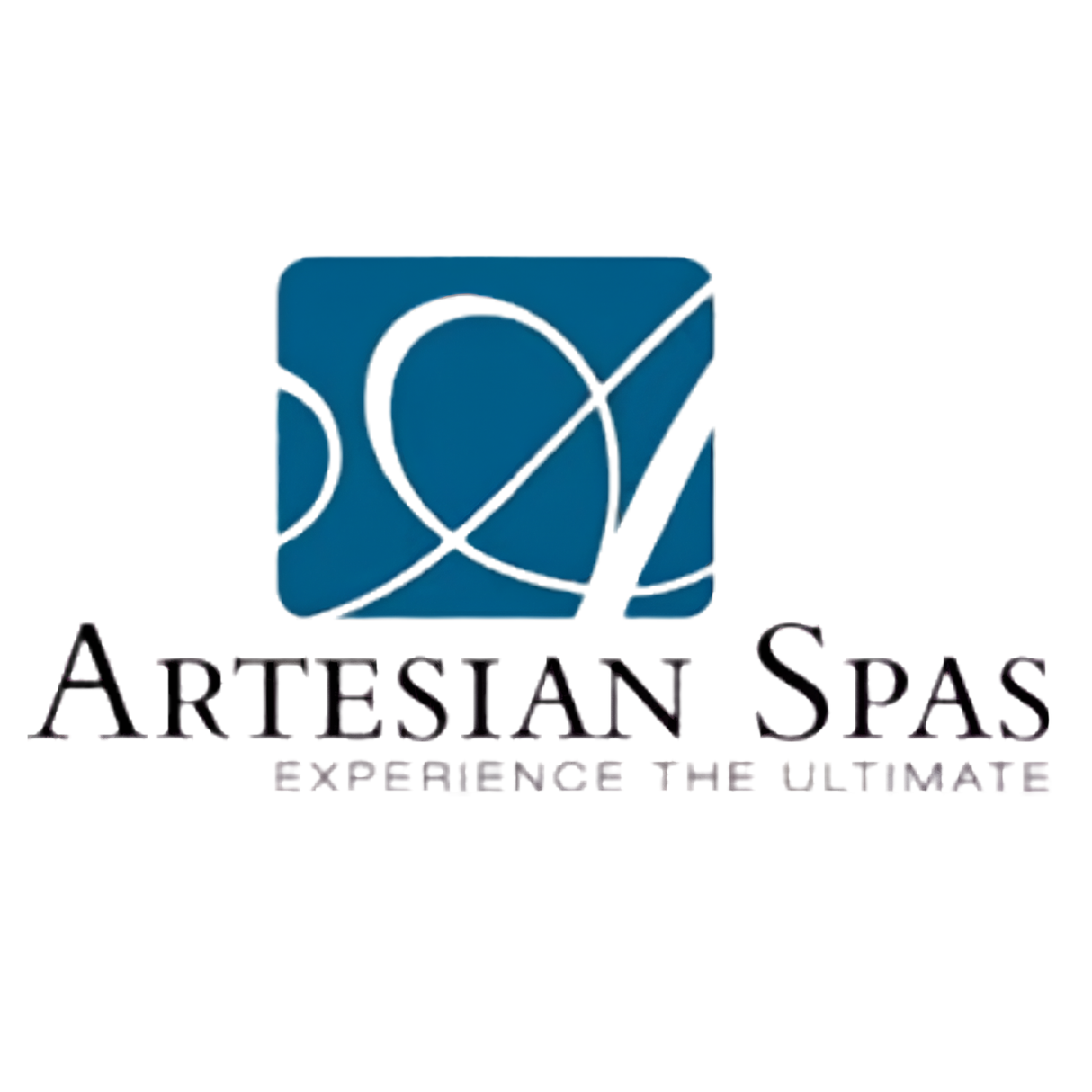 Official Artesian Spas company logo featuring a blue square with a white stylized cursive 'A' monogram above the brand name text and slogan 'Experience the Ultimate' on a white background.