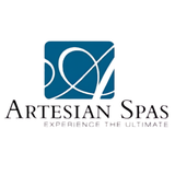 Official Artesian Spas company logo featuring a blue square with a white stylized cursive 'A' monogram above the brand name text and slogan 'Experience the Ultimate' on a white background.