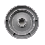 Top-down view of the underside of a grey Artesian Plastics 2-inch hot tub diverter valve cap OP08-0012-52C showing internal female threads, central stem opening, and outer support ribs on a white background