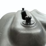 Close-up angled rear view of an Artesian Spas Platinum Elite series 11-inch headrest pillow in charcoal gray, focusing on the mounting pegs and rear structure.