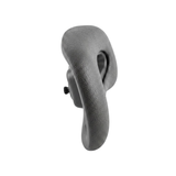 Side view profile of an Artesian Spas Platinum Elite series replacement 11-inch headrest pillow in dark charcoal gray, highlighting its ergonomic curve and visible mounting peg.