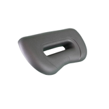 Side angle perspective view of an Artesian Spas Platinum Elite series replacement 12-inch waterfall headrest pillow in dark charcoal gray, highlighting its curved ergonomic design and central opening.