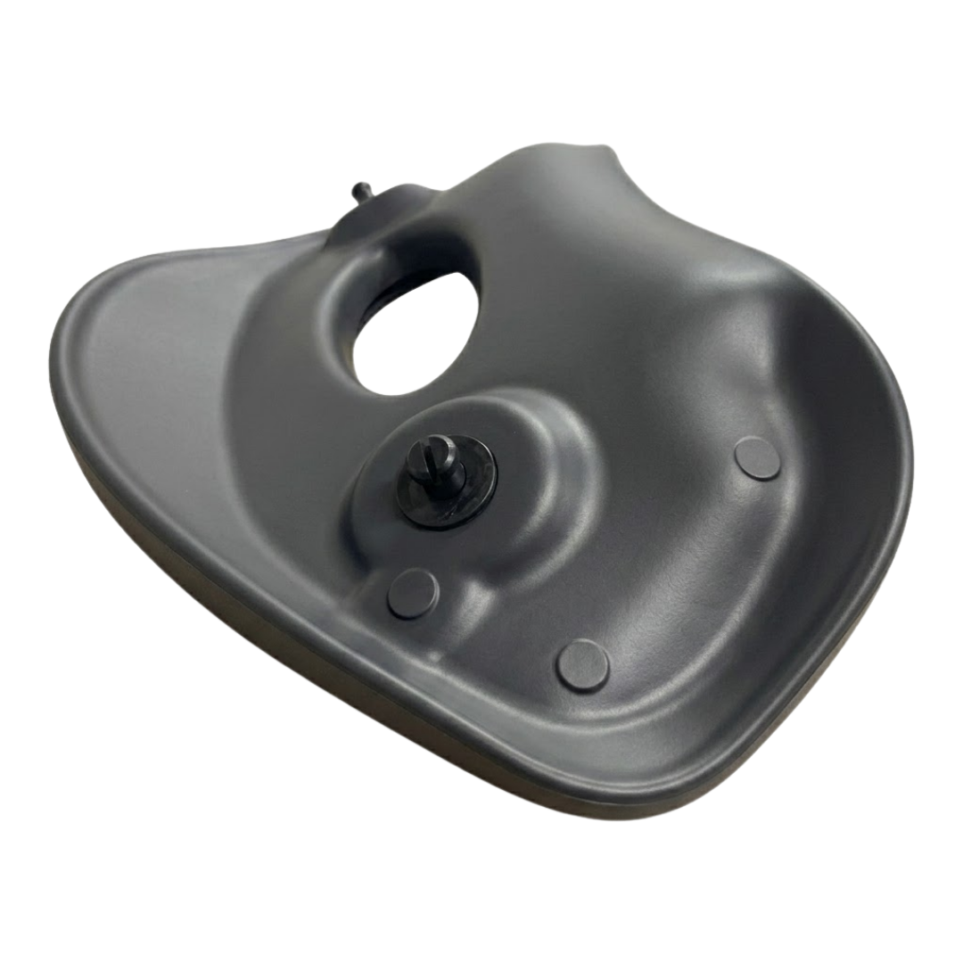 Close-up angled rear view of an Artesian Spas Platinum Elite Lounge series replacement 16-inch headrest pillow in charcoal gray, showcasing a mounting peg and back casing structure.