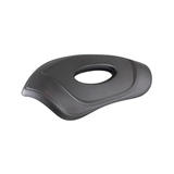 Side angle perspective view of an Artesian Spas Platinum Elite Lounge series replacement 16-inch headrest pillow in dark charcoal gray, highlighting its curved ergonomic contouring and center oval opening.