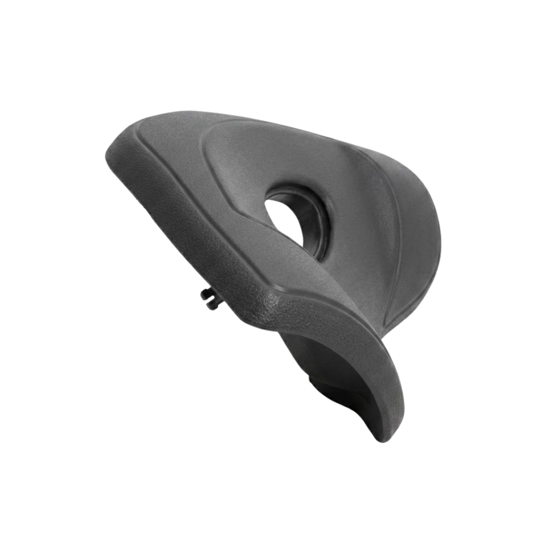 Side view profile of an Artesian Spas Platinum Elite Lounge series replacement 16-inch headrest pillow in dark charcoal gray, highlighting its steep ergonomic curve and rear mounting peg.