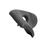 Side view profile of an Artesian Spas Platinum Elite Lounge series replacement 16-inch headrest pillow in dark charcoal gray, highlighting its steep ergonomic curve and rear mounting peg.