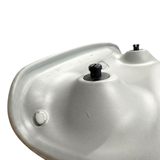 Close-up angled rear view of an Artesian Spas South Seas Lounge series replacement hot tub headrest pillow in light gray, focusing on the mounting pegs and back casing design.