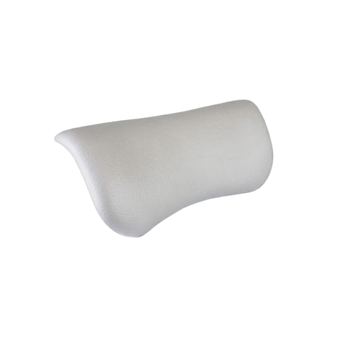 Side angle perspective view of an Artesian Spas South Seas Lounge series replacement hot tub headrest pillow in light gray, highlighting its curved ergonomic contouring and smooth textured material.