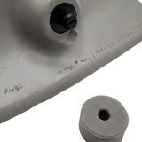 Close-up of an Artesian Spas wrap headrest pillow back structure, showing molded identification numbers near the mounting screw and a gray foam plug.