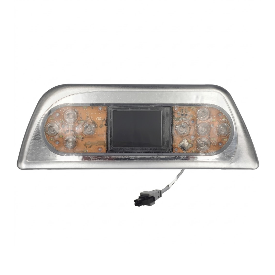 Front perspective view of an Artesian Spas TP800 Island Spas touchpad panel showing internal circuit board, display screen, and attached connection cable with connector plug.