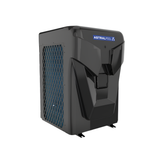 Three-quarter studio view of a glossy dark grey AstralPool IHPT top-discharge pool heat pump, highlighting its contoured geometric front casing with the brand logo emblem and the blue internal evaporator coils visible through the lattice pattern on the side grille panel.