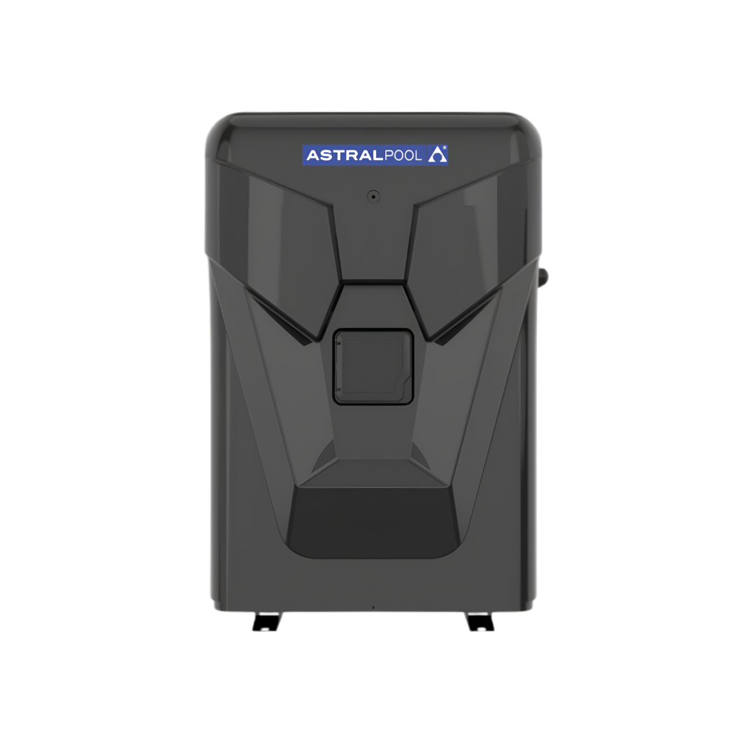 Direct front studio view of a glossy dark grey AstralPool IHPT top-discharge pool heat pump, showcasing its geometric contoured front casing and the brand logo emblem.