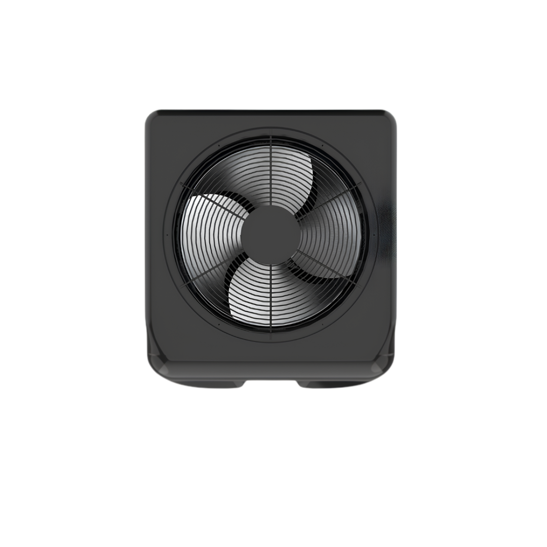 Direct overhead studio view looking down at a glossy dark grey AstralPool IHPT top-discharge pool heat pump, showcasing the large circular exhaust fan grille and its three internal fan blades.