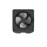 Direct overhead studio view looking down at a glossy dark grey AstralPool IHPT top-discharge pool heat pump, showcasing the large circular exhaust fan grille and its three internal fan blades.