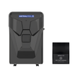 Direct front studio view of a glossy dark grey AstralPool IHPT top-discharge pool heat pump, showcasing its geometric contoured front casing and brand logo, pictured next to its separate wall-mounted black digital heat pump controller interface.