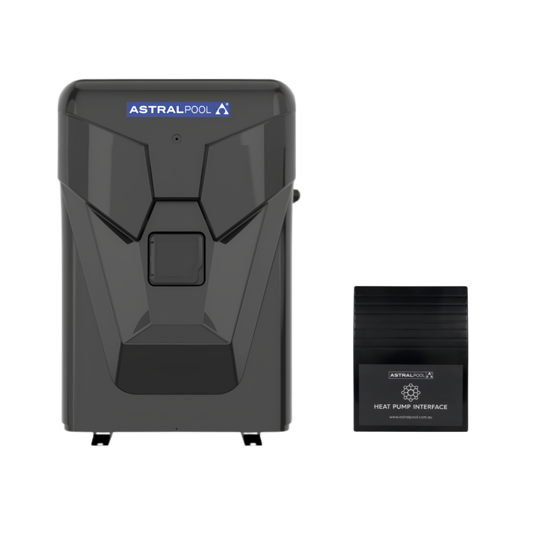 Direct front studio view of a glossy dark grey AstralPool IHPT top-discharge pool heat pump, showcasing its geometric contoured front casing and brand logo, pictured next to its separate wall-mounted black digital heat pump controller interface.