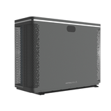 Three-quarter studio view looking slightly down at a sleek grey AstralPool Pinnacle iHP inverter pool heat pump, showcasing its solid front panel with the brand logo emblem, top light strip accent, and patterned mesh ventilation grilles wrap-around on the sides.