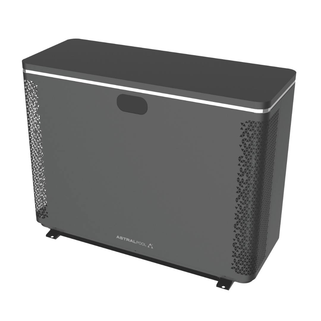 Elevated three-quarter studio view looking down at a sleek grey AstralPool Pinnacle iHP inverter pool heat pump, showcasing the flat top lid, solid front panel with the brand logo emblem, integrated top accent trim, and patterned mesh side ventilation grilles.