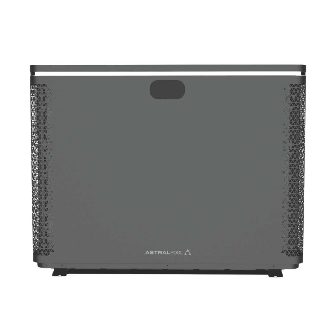 Direct front studio view of a sleek grey AstralPool Pinnacle iHP inverter pool heat pump, showcasing its smooth front casing panel featuring the brand logo emblem, integrated top accent trim line, and decorative mesh ventilation grilles on the left and right sides.