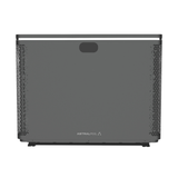 Direct front studio view of a sleek grey AstralPool Pinnacle iHP inverter pool heat pump, showcasing its smooth front casing panel featuring the brand logo emblem, integrated top accent trim line, and decorative mesh ventilation grilles on the left and right sides.