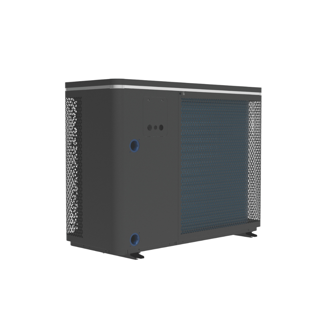 Three-quarter rear studio view of a grey AstralPool Pinnacle iHP inverter pool heat pump, highlighting the blue internal evaporator coils visible behind the geometric mesh grille, alongside a solid utility side panel featuring blue-rimmed plumbing inlet and outlet connection ports.
