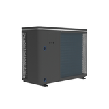 Three-quarter rear studio view of a grey AstralPool Pinnacle iHP inverter pool heat pump, highlighting the blue internal evaporator coils visible behind the geometric mesh grille, alongside a solid utility side panel featuring blue-rimmed plumbing inlet and outlet connection ports.