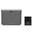 Studio product view of a sleek grey front-facing AstralPool Pinnacle iHP inverter pool heat pump with side ventilation grilles, displayed alongside its black wall-mountable digital heat pump interface module.