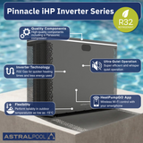 Product features infographic for the AstralPool Pinnacle iHP Inverter Series pool heat pump using R32 refrigerant, showcasing a modern grey unit poolside with text callouts highlighting its high-quality Panasonic compressor, inverter technology, ultra-quiet operation, operational flexibility down to -15°C, and wireless Wi-Fi control via the HeatPumpGO smartphone app.