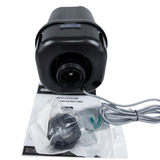 Bottom view of a black AstralPool SX1200 single speed spa air blower shown with connected grey power lead, bagged mounting fittings, and printed installation manual isolated on white.