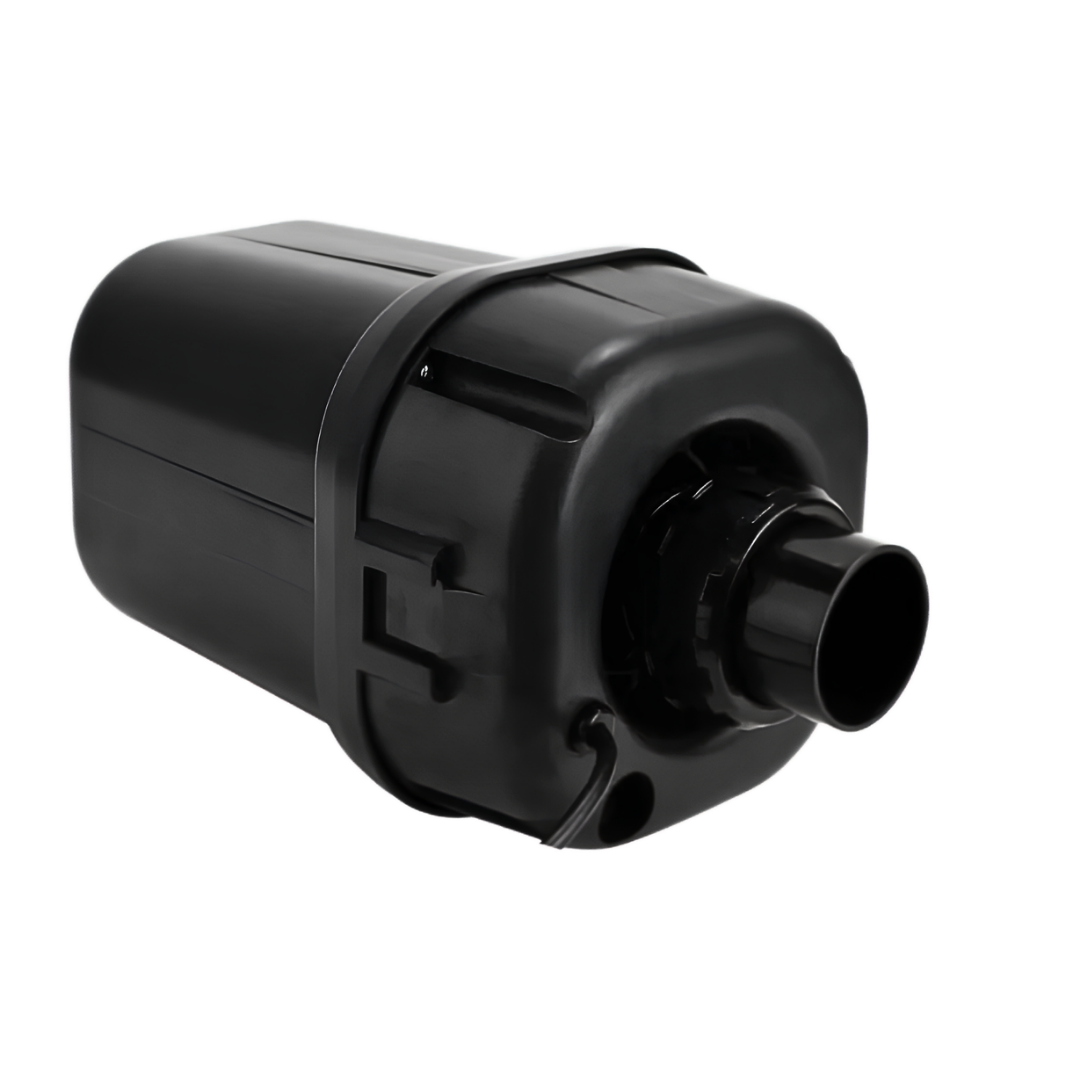 Bottom angled view of a black AstralPool SX1200 single speed spa air blower showcasing the outlet spigot port and cable entry point isolated on white.