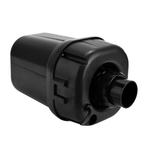Bottom angled view of a black AstralPool SX1200 single speed spa air blower showcasing the outlet spigot port and cable entry point isolated on white.