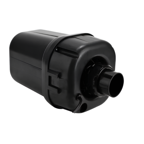Bottom angled view of a black AstralPool SX1200 single speed spa air blower showcasing the outlet spigot port and cable entry point isolated on white.