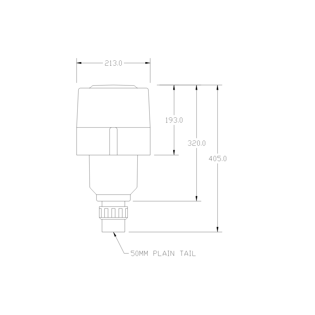 Technical dimensional line drawing showing height and width measurements with a 50mm plain tail label for the AstralPool SX1200 single speed spa air blower isolated on white.